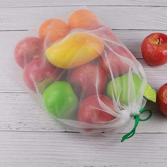 Embalagem de frutas e vegetais brancos personalizados para compras, saco de malha com cordão RPET reutilizável