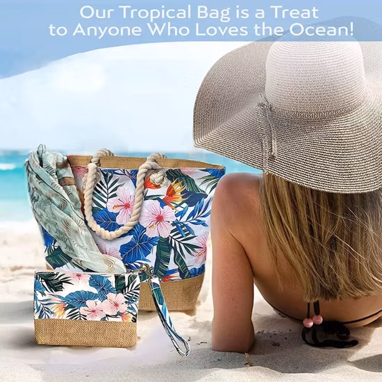 Atacado promocional grande preço logotipo personalizado impresso padrão lona juta designer verão praia sacola com zíper bolsa